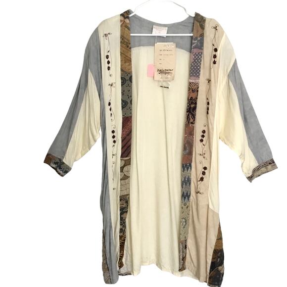 Nativewear Designs Womens Long Kimono Coat XS Cream Gray Beaded Patchy Oversize - Picture 1 of 10